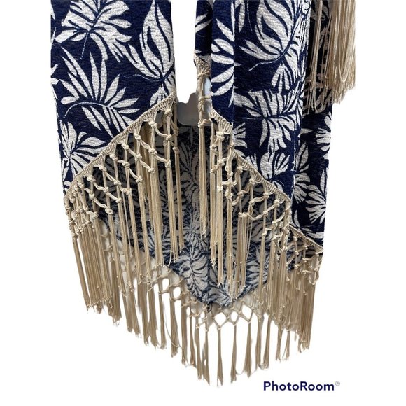 Moon Collection Semi Sheer Long Open Cardigan Fringe Blue White Beige Medium M - Picture 6 of 9